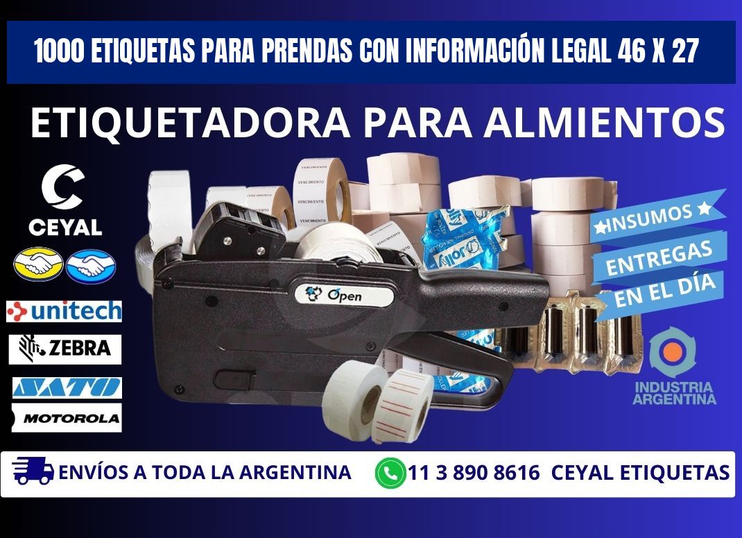 1000 ETIQUETAS PARA PRENDAS CON INFORMACIÓN LEGAL 46 x 27