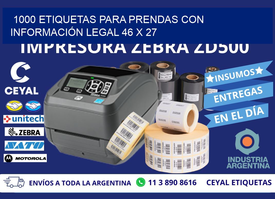 1000 ETIQUETAS PARA PRENDAS CON INFORMACIÓN LEGAL 46 x 27