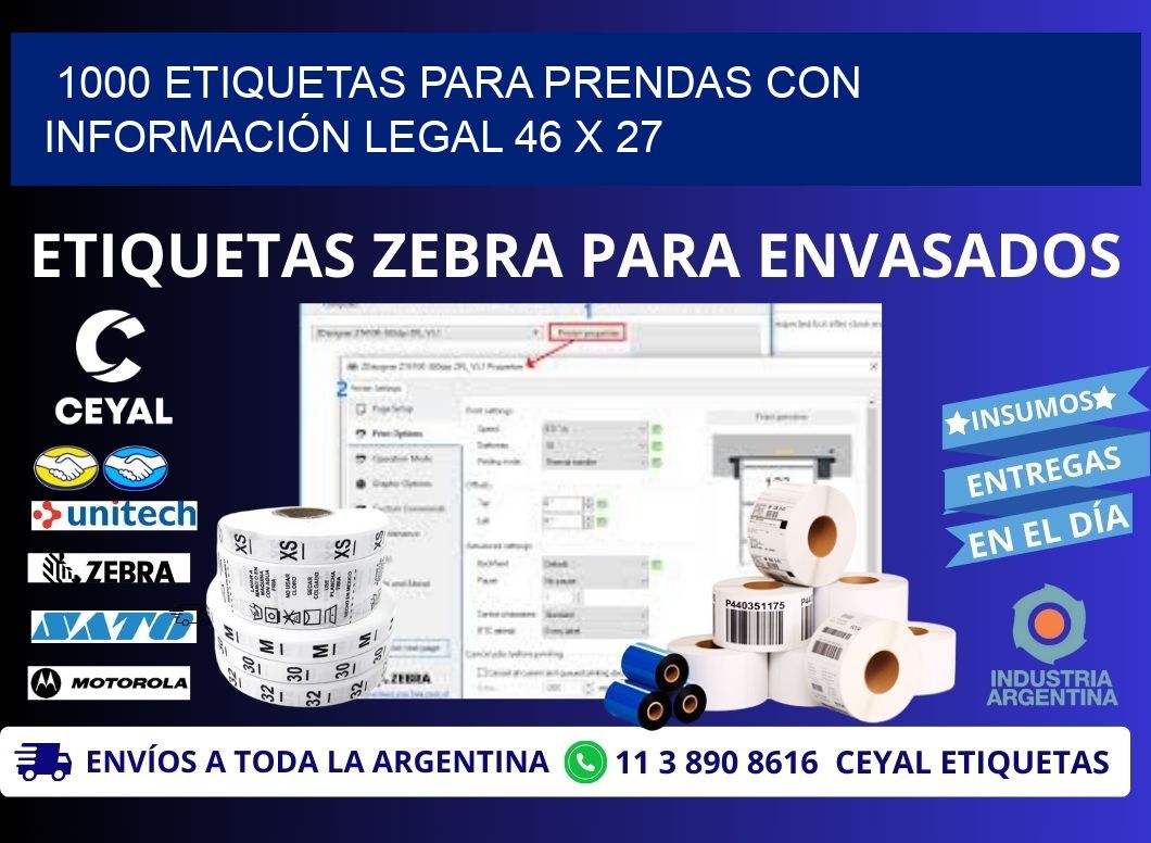 1000 ETIQUETAS PARA PRENDAS CON INFORMACIÓN LEGAL 46 x 27