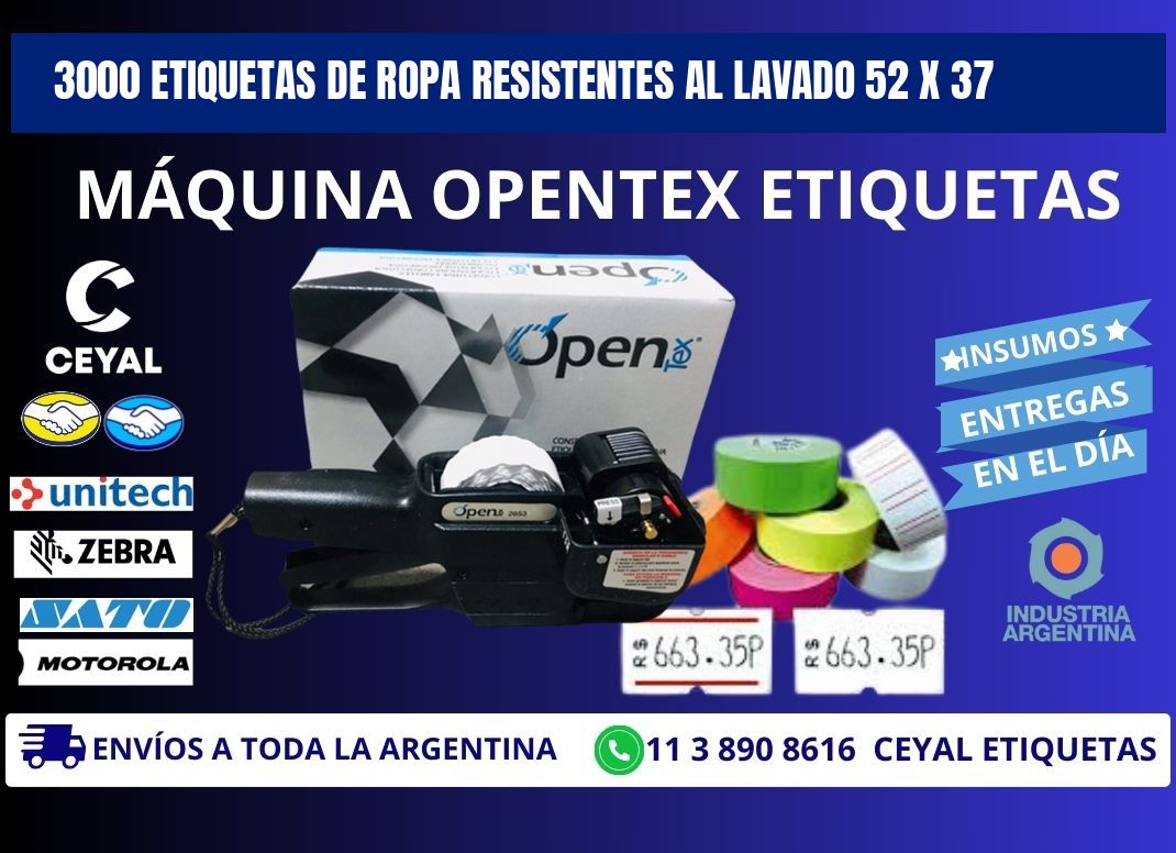 3000 ETIQUETAS DE ROPA RESISTENTES AL LAVADO 52 x 37