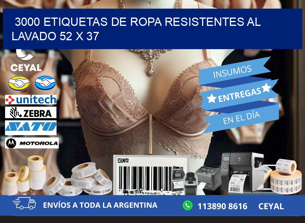 3000 ETIQUETAS DE ROPA RESISTENTES AL LAVADO 52 x 37