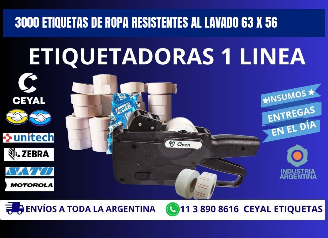 3000 ETIQUETAS DE ROPA RESISTENTES AL LAVADO 63 x 56