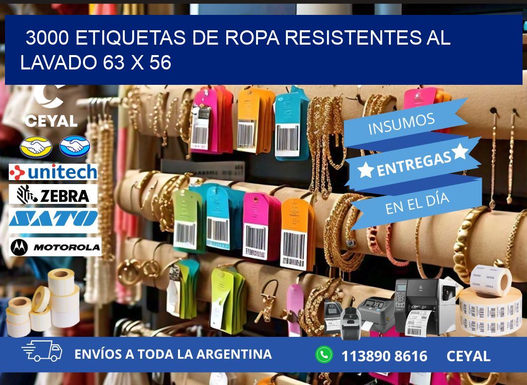 3000 ETIQUETAS DE ROPA RESISTENTES AL LAVADO 63 x 56