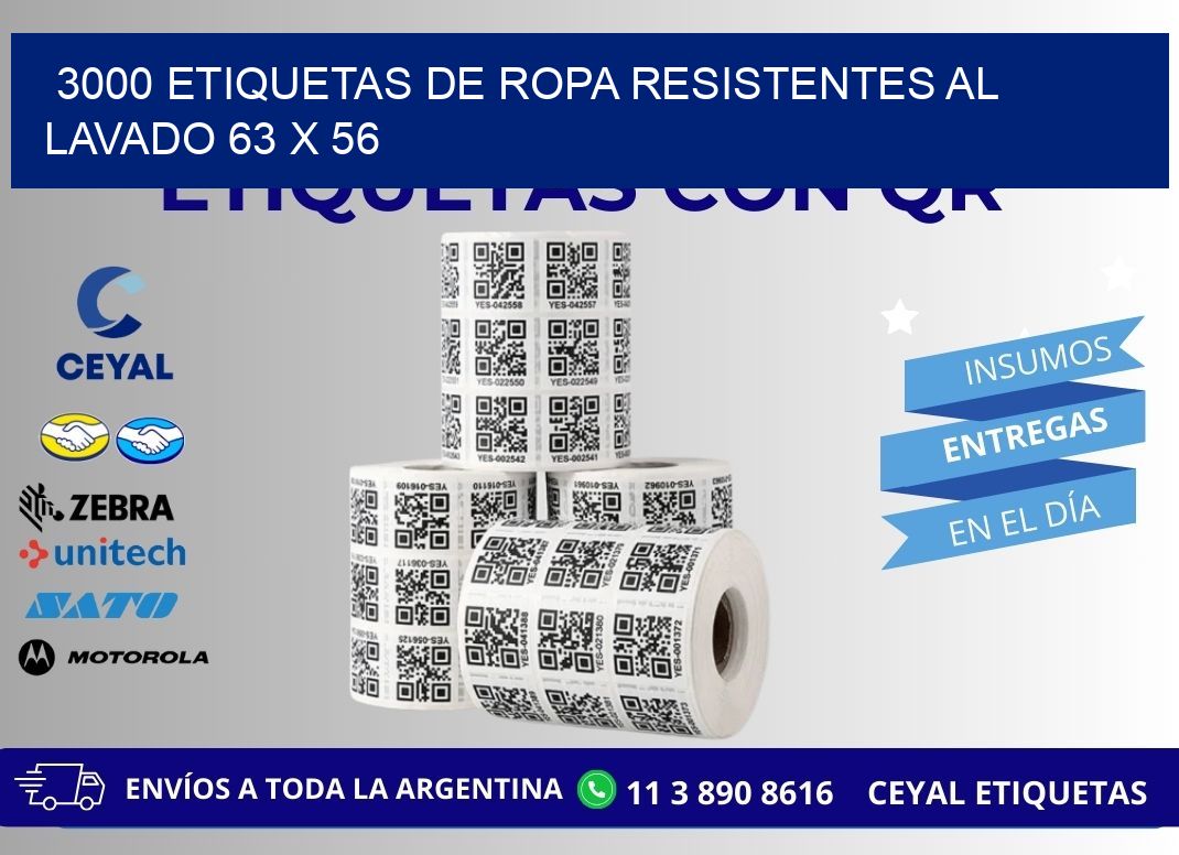 3000 ETIQUETAS DE ROPA RESISTENTES AL LAVADO 63 x 56