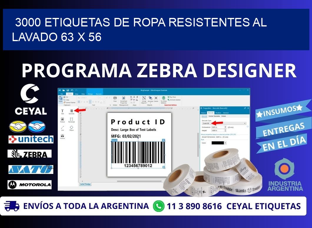 3000 ETIQUETAS DE ROPA RESISTENTES AL LAVADO 63 x 56