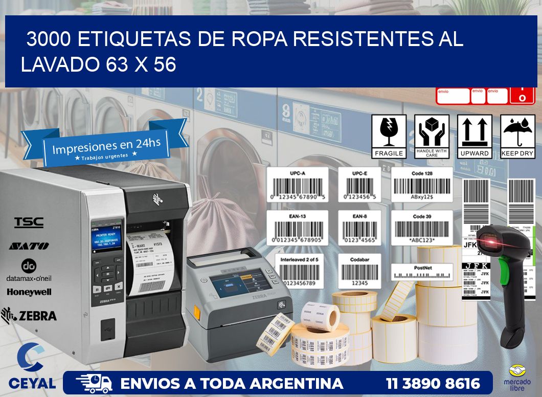3000 ETIQUETAS DE ROPA RESISTENTES AL LAVADO 63 x 56