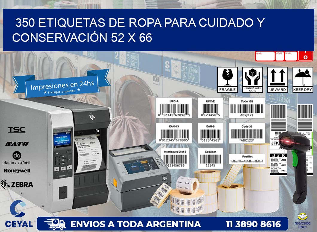 350 ETIQUETAS DE ROPA PARA CUIDADO Y CONSERVACIÓN 52 x 66