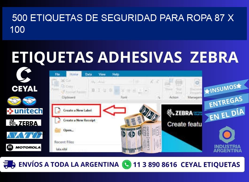 500 ETIQUETAS DE SEGURIDAD PARA ROPA 87 x 100
