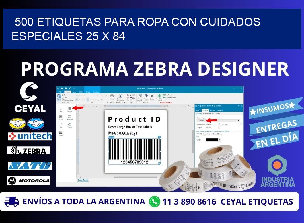 500 ETIQUETAS PARA ROPA CON CUIDADOS ESPECIALES 25 x 84