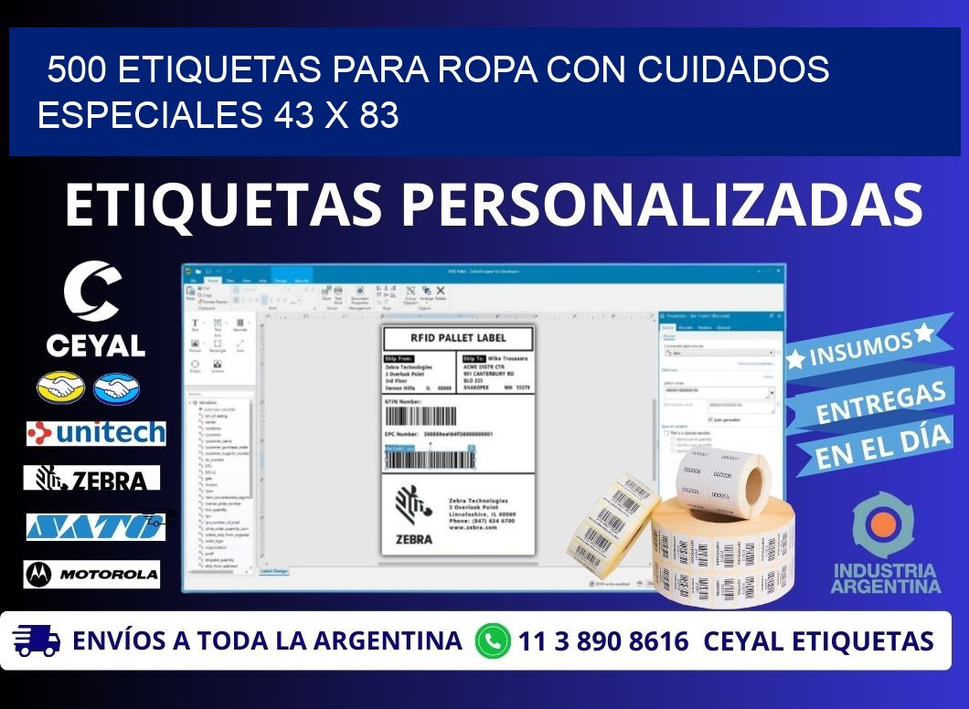 500 ETIQUETAS PARA ROPA CON CUIDADOS ESPECIALES 43 x 83
