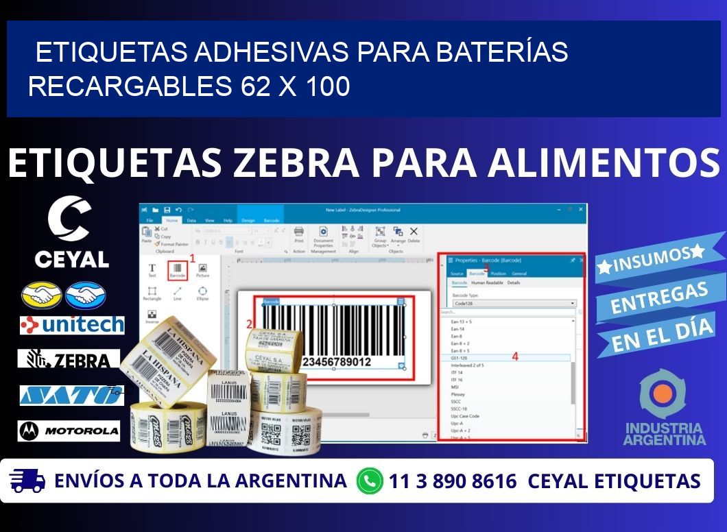 ETIQUETAS ADHESIVAS PARA BATERÍAS RECARGABLES 62 x 100