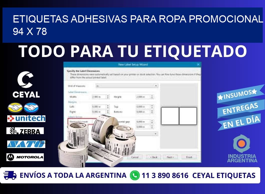 ETIQUETAS ADHESIVAS PARA ROPA PROMOCIONAL  94 x 78