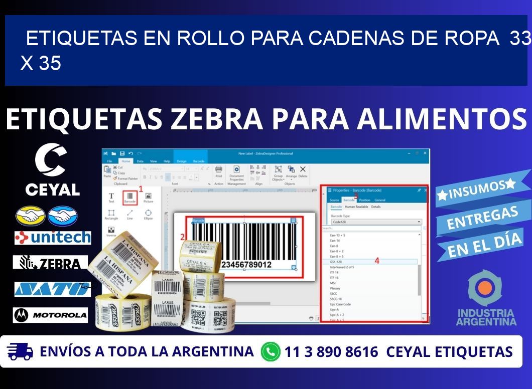 ETIQUETAS EN ROLLO PARA CADENAS DE ROPA  33 x 35