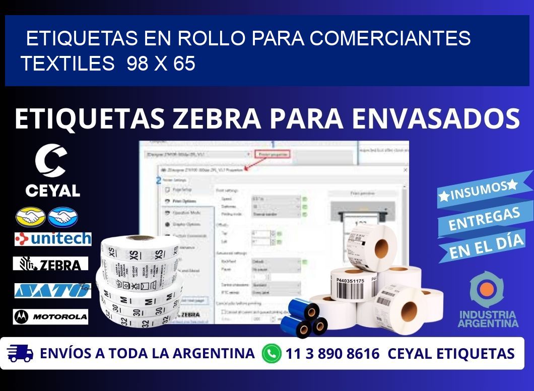 ETIQUETAS EN ROLLO PARA COMERCIANTES TEXTILES  98 x 65