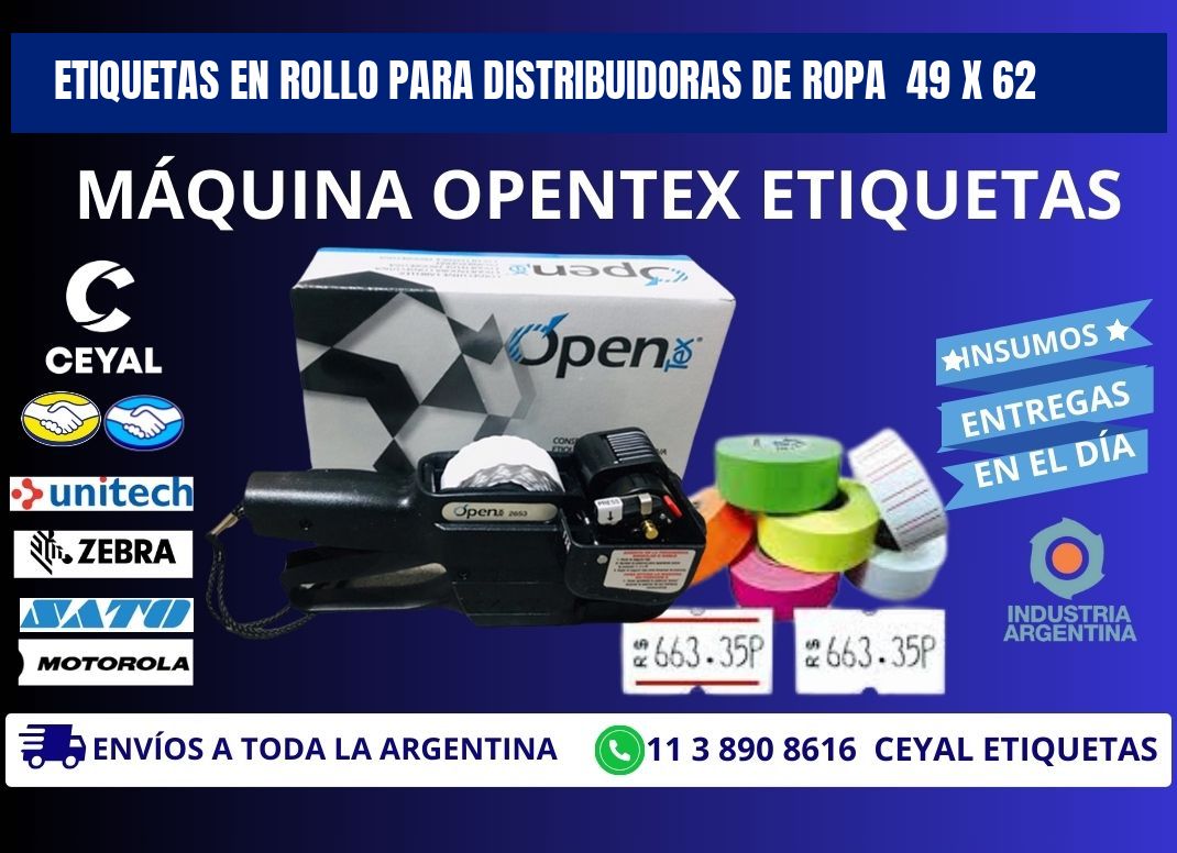 ETIQUETAS EN ROLLO PARA DISTRIBUIDORAS DE ROPA  49 x 62