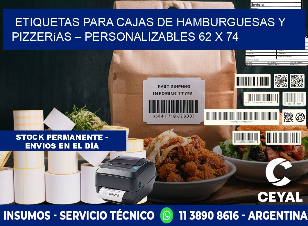 Etiquetas para cajas de hamburguesas y pizzerías – Personalizables 62 x 74