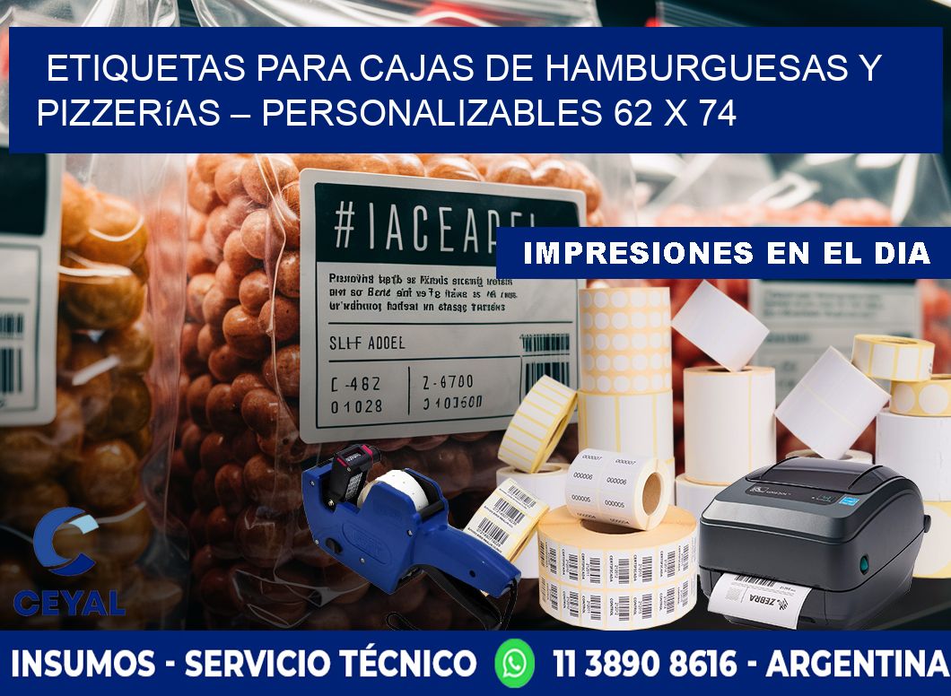 Etiquetas para cajas de hamburguesas y pizzerías – Personalizables 62 x 74