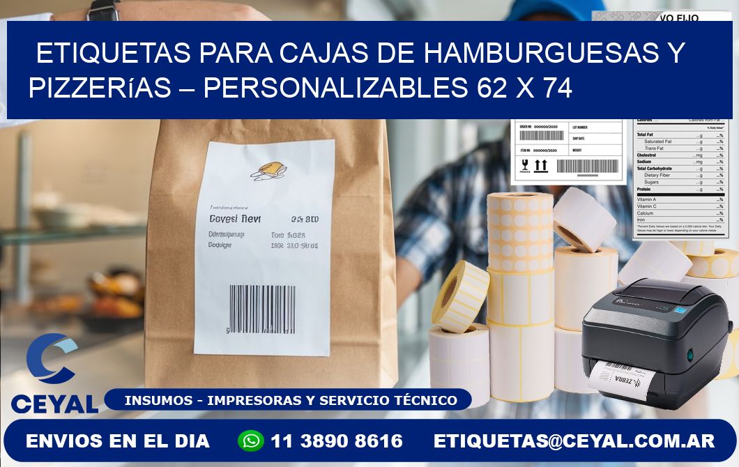 Etiquetas para cajas de hamburguesas y pizzerías – Personalizables 62 x 74