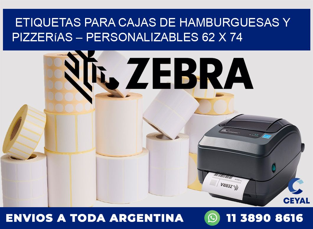 Etiquetas para cajas de hamburguesas y pizzerías – Personalizables 62 x 74