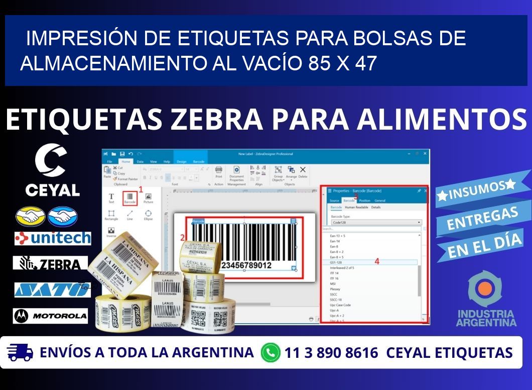 IMPRESIÓN DE ETIQUETAS PARA BOLSAS DE ALMACENAMIENTO AL VACÍO 85 x 47