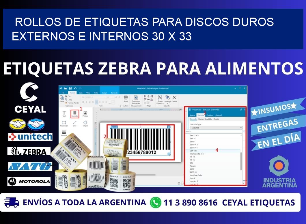 ROLLOS DE ETIQUETAS PARA DISCOS DUROS EXTERNOS E INTERNOS 30 x 33