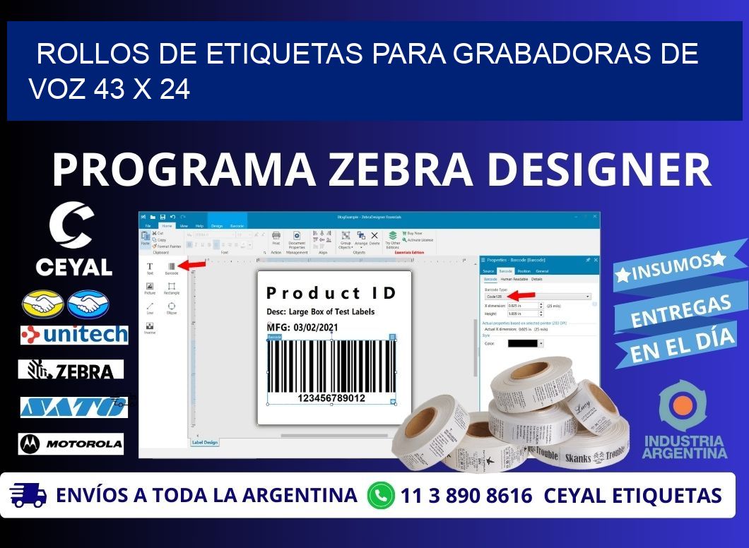 ROLLOS DE ETIQUETAS PARA GRABADORAS DE VOZ 43 x 24