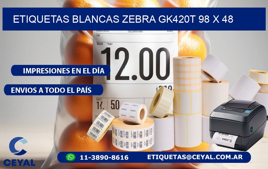 ETIQUETAS BLANCAS ZEBRA GK420T 98 x 48