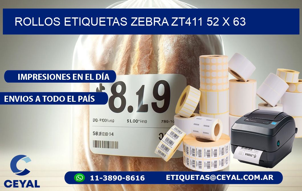 ROLLOS ETIQUETAS Zebra ZT411 52 x 63