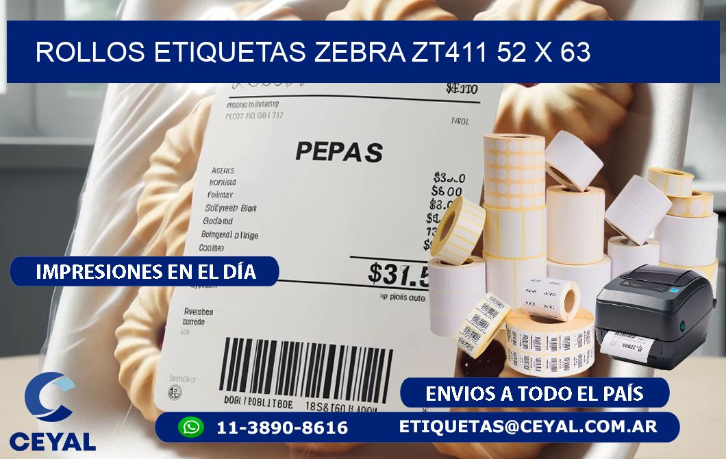 ROLLOS ETIQUETAS Zebra ZT411 52 x 63
