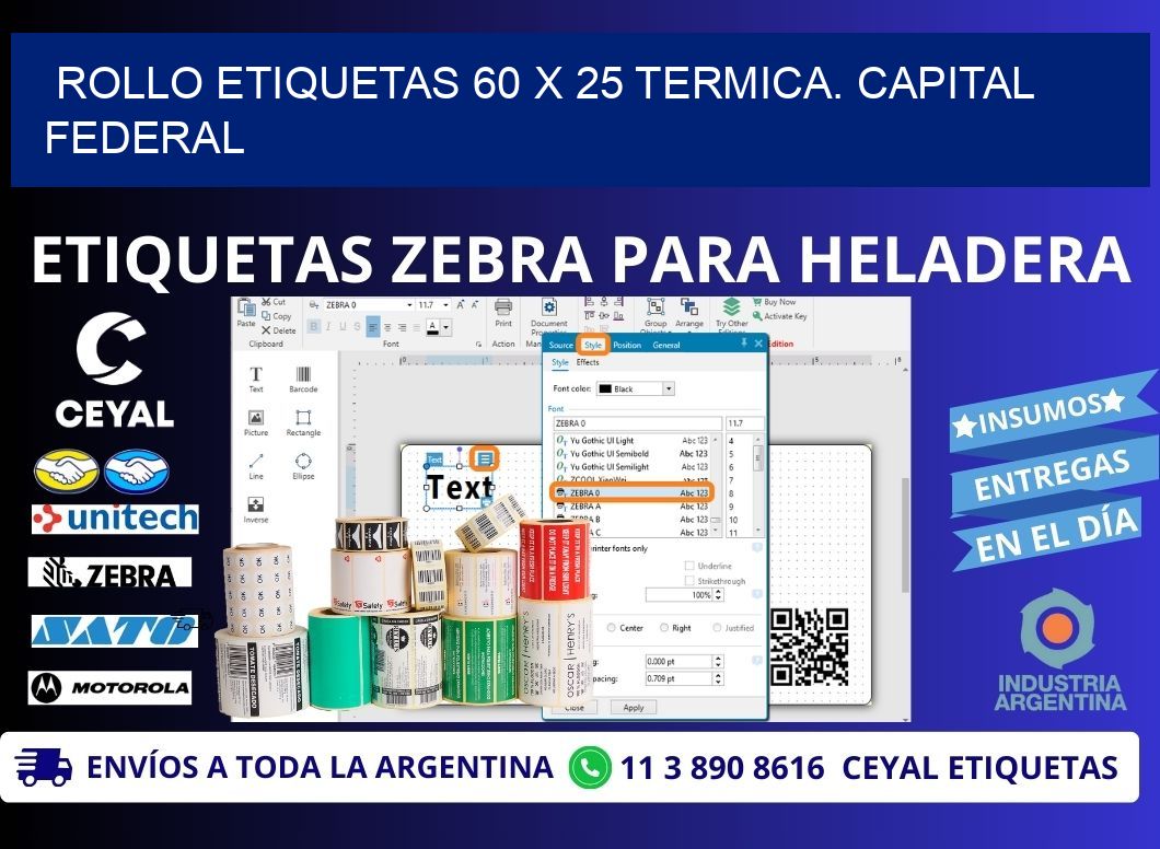 Rollo etiquetas 60 x 25 termica. Capital Federal