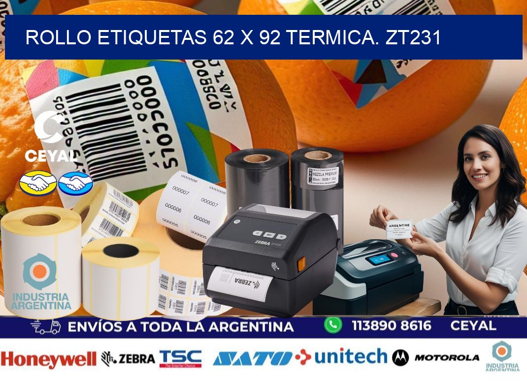 Rollo etiquetas 62 x 92 termica. zt231