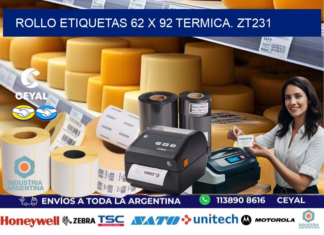 Rollo etiquetas 62 x 92 termica. zt231