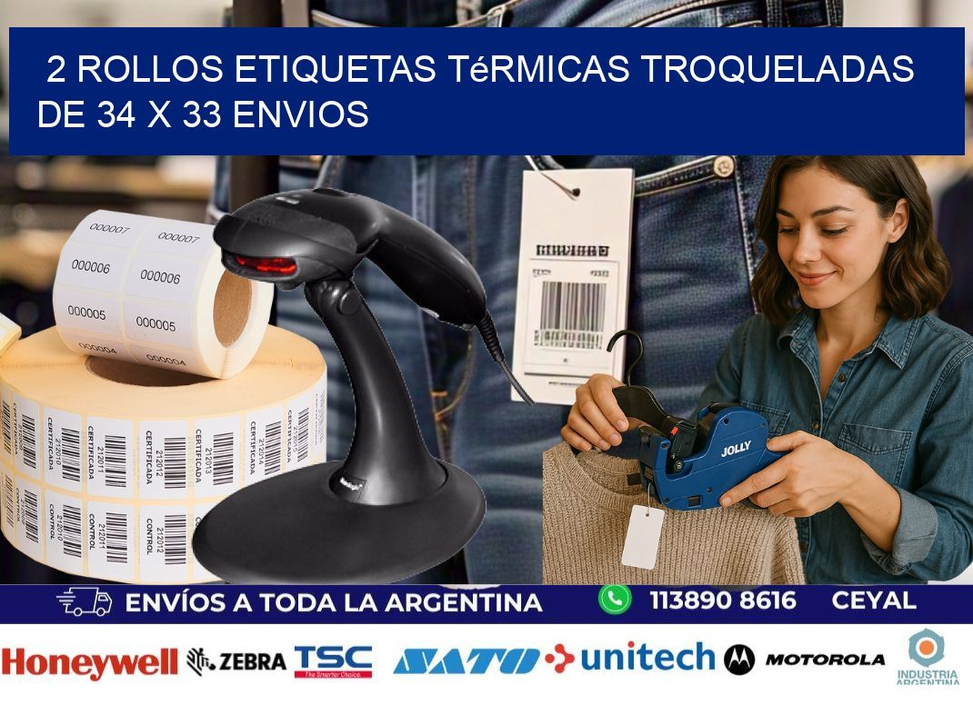 2 Rollos Etiquetas Térmicas Troqueladas De 34 x 33 ENVIOS