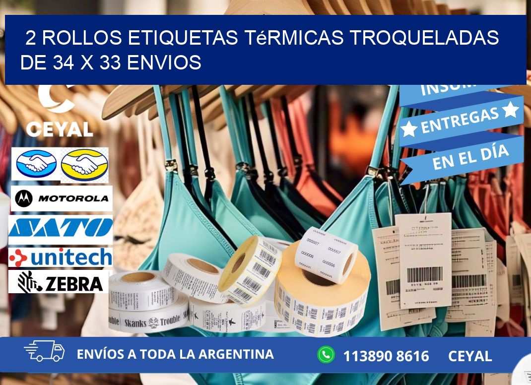 2 Rollos Etiquetas Térmicas Troqueladas De 34 x 33 ENVIOS