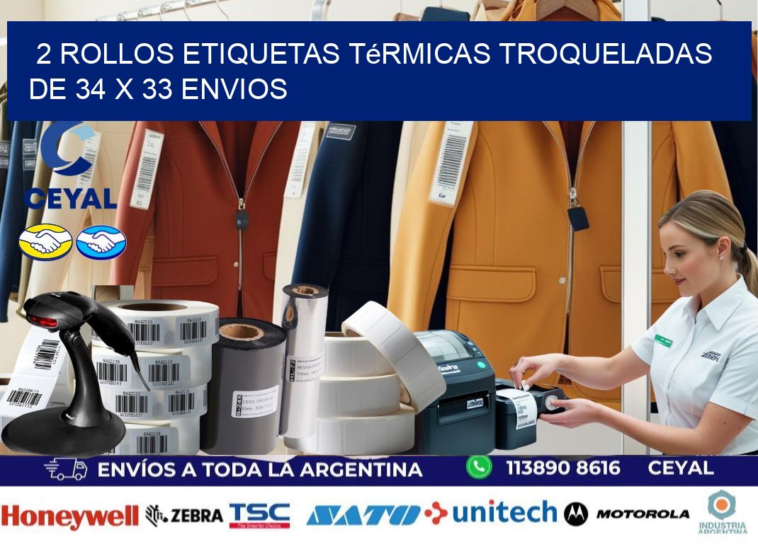2 Rollos Etiquetas Térmicas Troqueladas De 34 x 33 ENVIOS