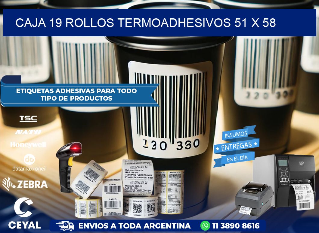 CAJA 19 ROLLOS TERMOADHESIVOS 51 x 58