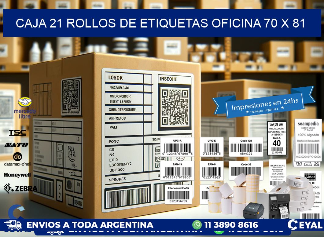 CAJA 21 ROLLOS DE ETIQUETAS OFICINA 70 x 81