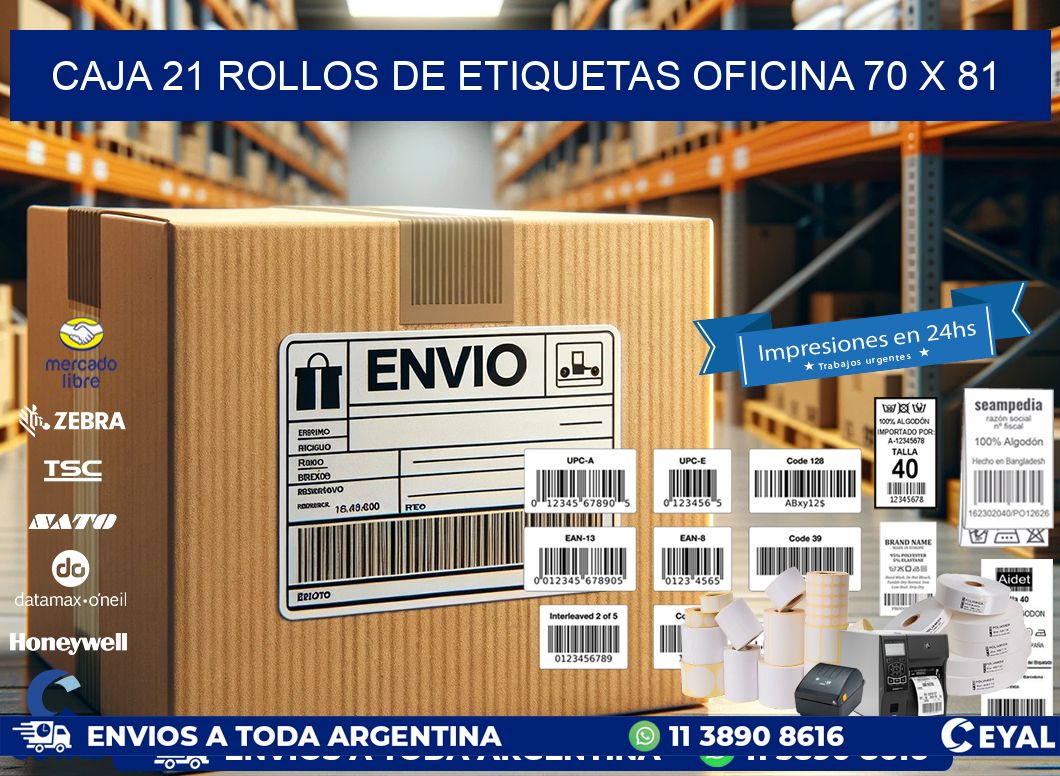 CAJA 21 ROLLOS DE ETIQUETAS OFICINA 70 x 81
