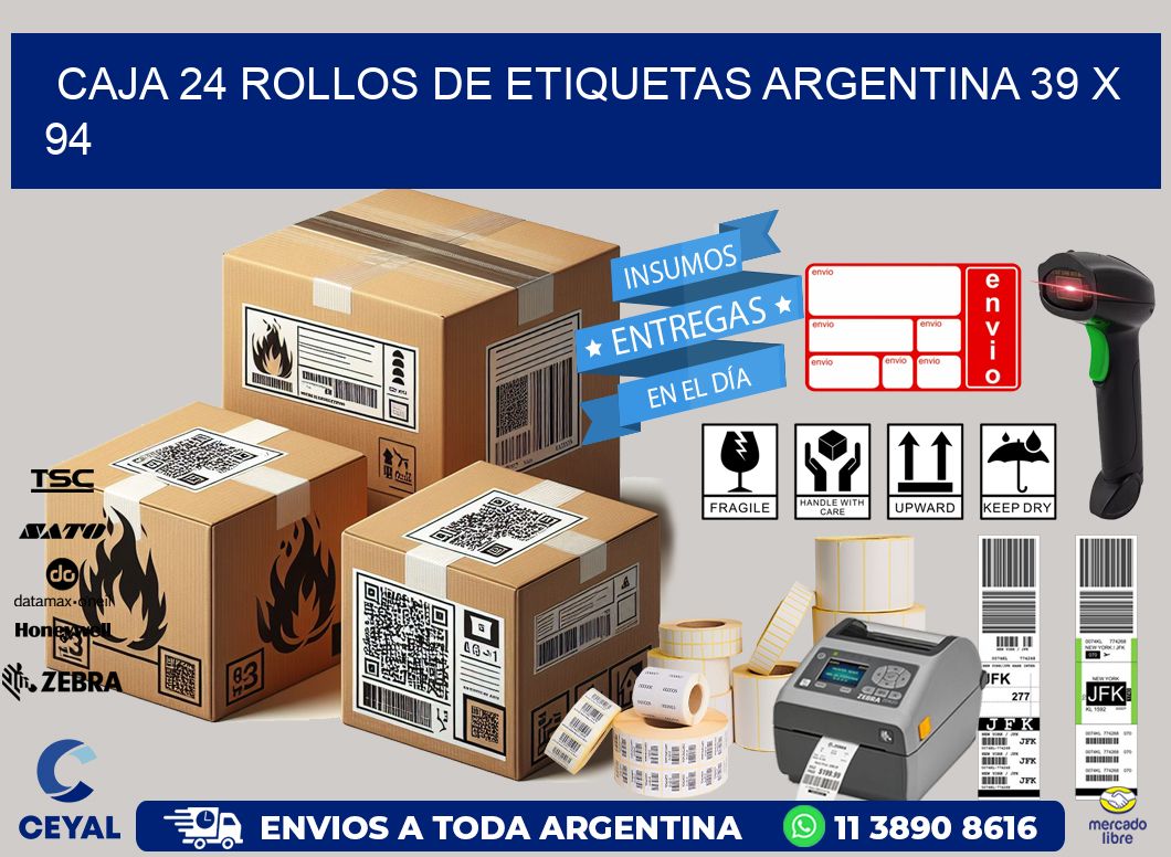 CAJA 24 ROLLOS DE ETIQUETAS ARGENTINA 39 x 94