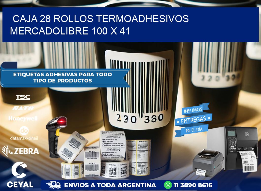 CAJA 28 ROLLOS TERMOADHESIVOS MERCADOLIBRE 100 x 41