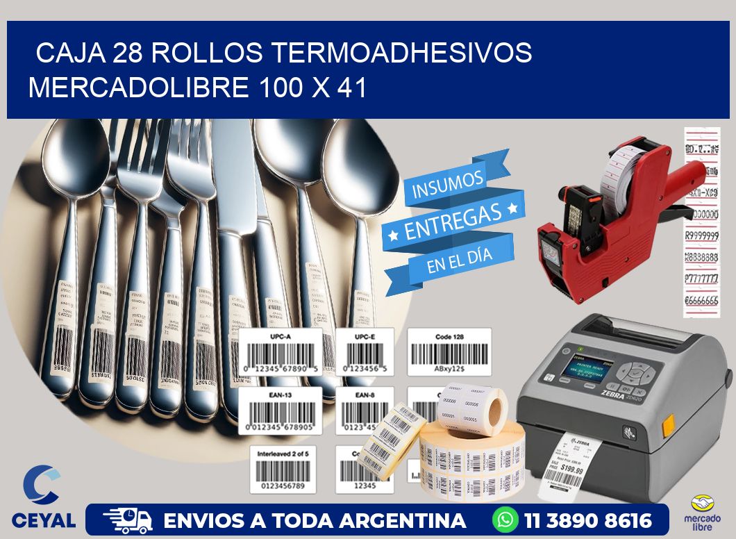 CAJA 28 ROLLOS TERMOADHESIVOS MERCADOLIBRE 100 x 41