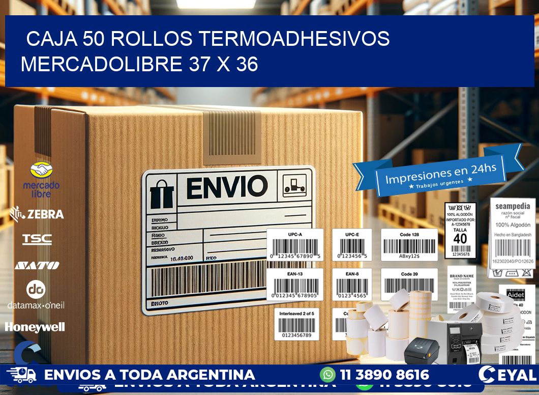 CAJA 50 ROLLOS TERMOADHESIVOS MERCADOLIBRE 37 x 36