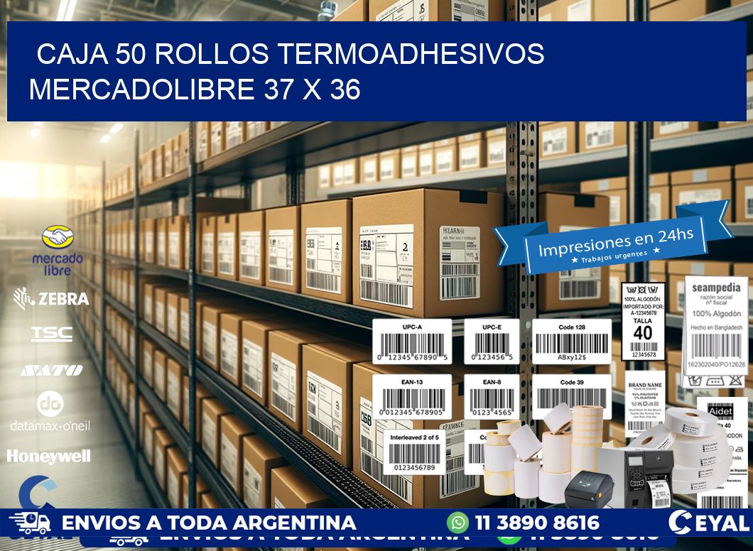 CAJA 50 ROLLOS TERMOADHESIVOS MERCADOLIBRE 37 x 36