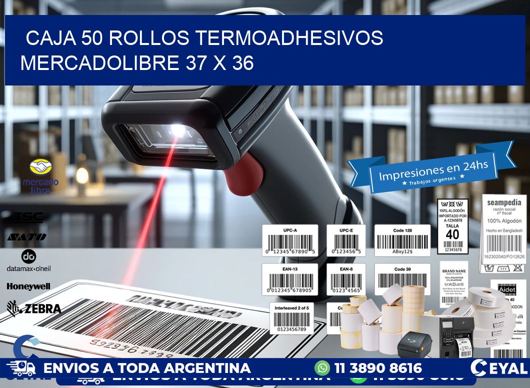 CAJA 50 ROLLOS TERMOADHESIVOS MERCADOLIBRE 37 x 36