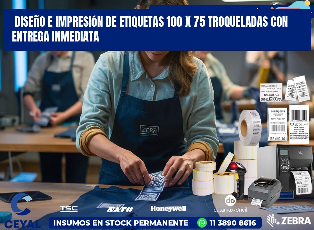 Diseño e impresión de etiquetas 100 x 75 troqueladas con entrega inmediata
