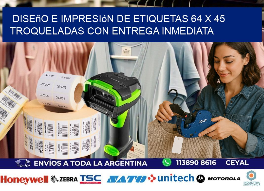 Diseño e impresión de etiquetas 64 x 45 troqueladas con entrega inmediata