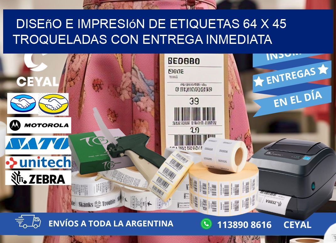 Diseño e impresión de etiquetas 64 x 45 troqueladas con entrega inmediata