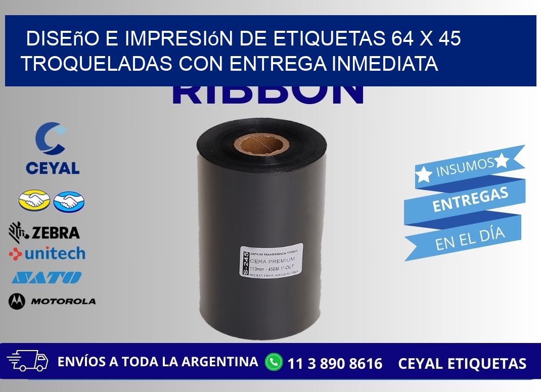 Diseño e impresión de etiquetas 64 x 45 troqueladas con entrega inmediata