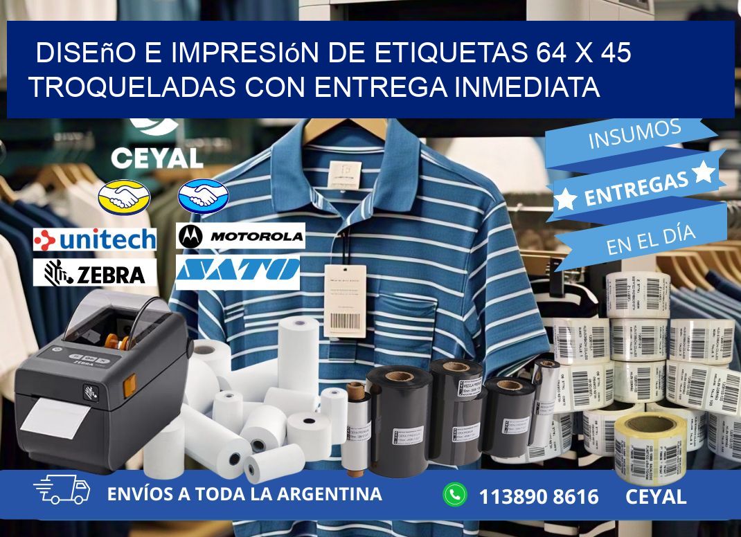 Diseño e impresión de etiquetas 64 x 45 troqueladas con entrega inmediata