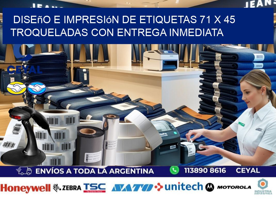 Diseño e impresión de etiquetas 71 x 45 troqueladas con entrega inmediata